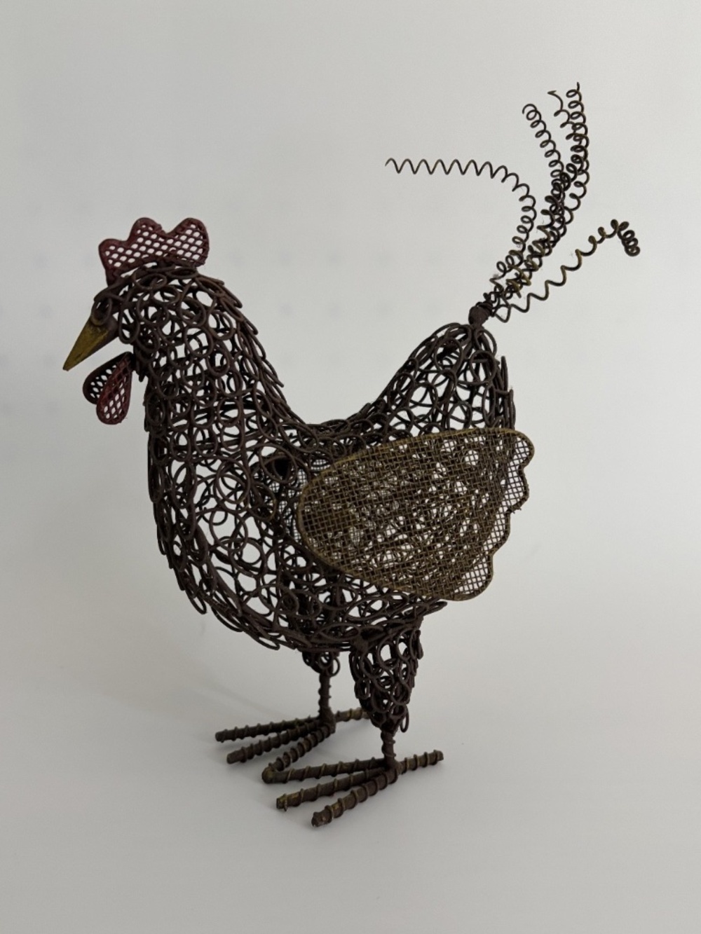 Vintage Metal Rooster Chicken Sculpture 9" Wire Woven Rustic Farmhouse Cottage